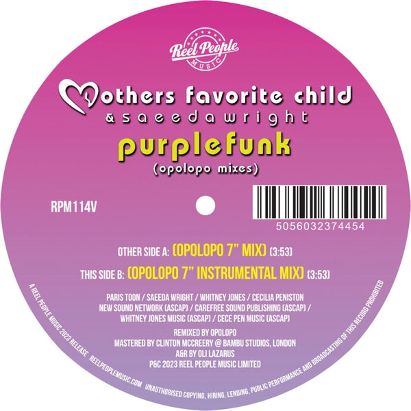  |  7" Single | Mothers Favorite Child & Saeeda Wright - Purple Funk (Opoloppo Remixes) (Single) | Records on Vinyl