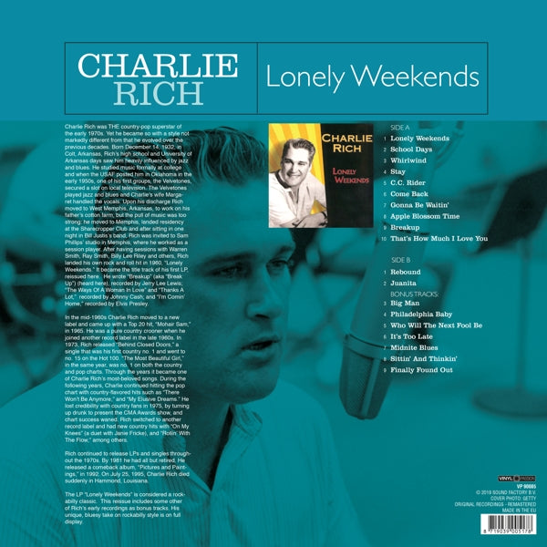 Charlie Rich - Lonely Weekends |  Vinyl LP | Charlie Rich - Lonely Weekends (LP) | Records on Vinyl
